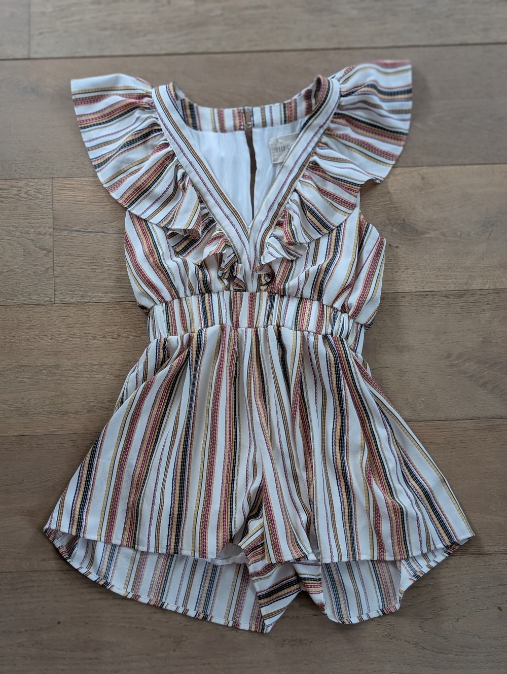VICI (Moon River)Striped Ruffle One-Piece Romper - White with Multicolor Stripes